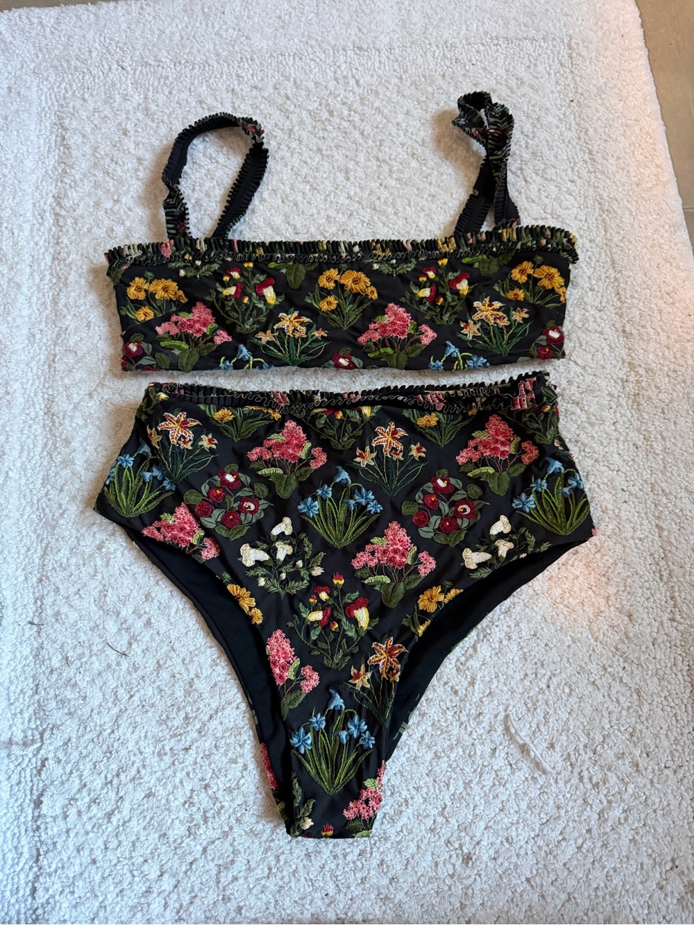 Agua by Agua Bendita Black Floral Embroidered Bandeau Bikini Set